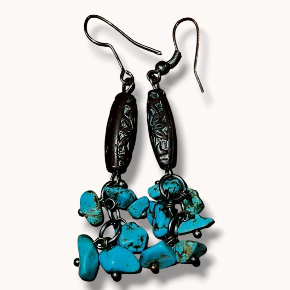 Turquoise Chip Cluster Dangle Earrings Southwestern Boho 2.25 Inch - Picture 6 of 8